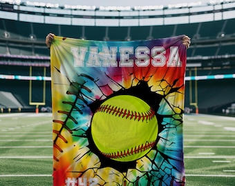 Personalized Softball Blanket: Tie-Dye Design, Custom Name & Number