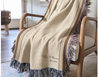 Personalized Family Name Woven Blanket | Custom Last Name Throw | Wedding, Anniversary, or Housewarming Gift | Est. Year Blanket