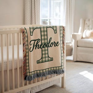 Personalized Monogram Baby Blanket, Custom Name & Initial Woven Throw, Blue or Green Gingham Nursery