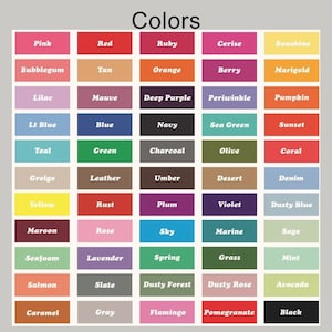 Op de afbeelding: Een tabel met 6 rijen en 8 kolommen met kleurstalen. Elk staal is gelabeld met een kleurnaam, zoals "Roze", "Rood", "Robijn", "Kers", "Zonneschijn", "Bubblegum", "Bruin", "Oranje", "Bes", "Goudsbloem", "Lila", "Paars", "Donkerpaars", "Blauwpaars", "Pompoen", "Lichtblauw", "Blauw", "Marine", "Zeegroen", "Zonsondergang", "Turquoise", "Groen", "Antraciet", "Olijf", "Koraal", "Grijs", "Leer", "Bruin", "Woestijn", "Denim", "Geel", "Roest", "Pruim", "Violet", "Stoffig blauw", "Bordeaux", "Roos", "Hemel", "Marine", "Salie", "Zee schuim", "Lavendel", "Lente", "Gras", "Mint", "Zalm", "Leisteen", "Stoffig bos", "Stoffige roos", "Avocado", "Karamel", "Grijs", "Flamingo", "Granaatappel", en "Zwart".