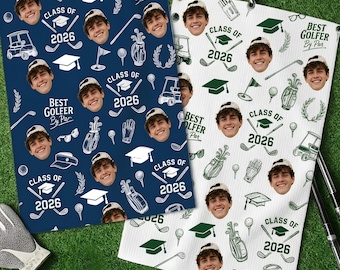 Gepersonaliseerde golfhanddoek afstuderen Klasse van 2026 golfcadeau Senior golfer cadeau aangepaste gezichtsgolfhanddoek beste golfer op par