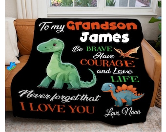 Personalized Grandson Dinosaur Blanket: Custom Name Fleece or Sherpa, From Grandmother or Grandfather