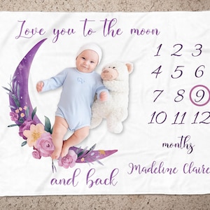 Manta personalizada para hitos de bebé / Nombre personalizado / Luna morada y seguimiento del crecimiento floral / Regalo para recién nacido