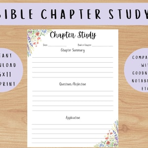 Puede incluir: Hoja de trabajo de estudio bíblico imprimible con borde floral. La hoja de trabajo incluye secciones para la fecha, el libro y el capítulo, el resumen del capítulo, las preguntas y la reflexión, y la aplicación. Compatible con Goodnotes, Notability, etc.
