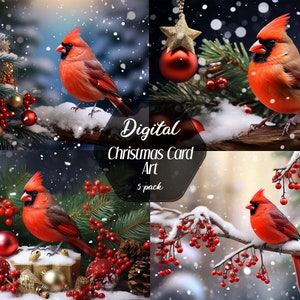 Arte de Natal, Arte digital de cartão de Natal, download de cartão de Natal, foto de cartão de Natal, cartão de felicitações de inverno, pacote, Red Cardinal Digital