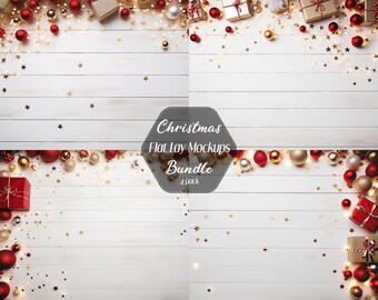 Flatlay di Natale, Mockup di Natale, Mockup di sfondo del prodotto, Mockup di matrimonio, Foto in stile, sfondo digitale, pacchetto da 4 pacchetti