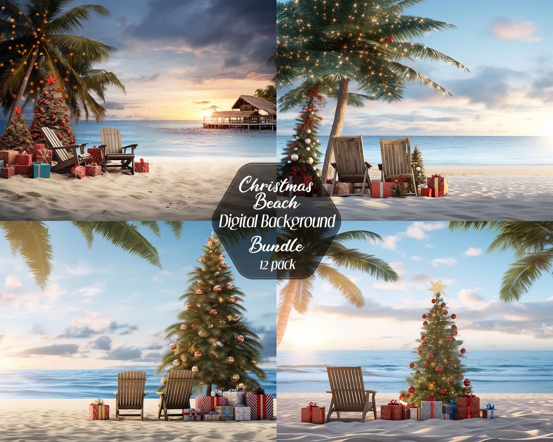 Christmas Beach Digital Backdrops, Decorated Palm Trees, Christmas