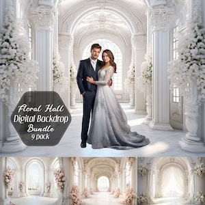 White Marble Room, Floral Arch Digital Backdrops, Maternity Wedding Portrait Photography Backdrops, Digital Background, Photoshop Overlay 9x