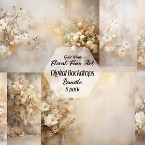8 Soft Gold & White Textured Floral Digital Backdrop, Maternity Backdrop, Portrait Background, Photoshop Overlay, Fine Art Digital Backdrop