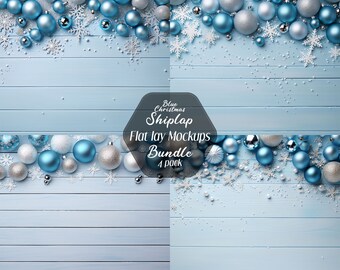 Sfondo digitale natalizio Flatlay Shiplap, Flat Lay Mockup, Fotografia Stock in stile matrimonio, Sfondo del prodotto Blue Christmas Mockup 4x