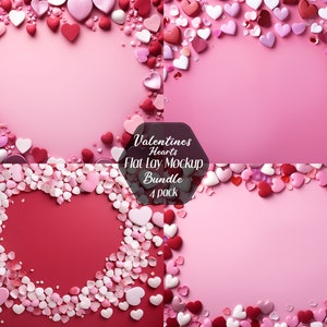 Valentinstag-Herzen, flaches Lay-Mockup, digitaler Hintergrund, Karten-Mockup, Produkthintergrund, Valentinstagskarte, Zuckerherzen, 4x