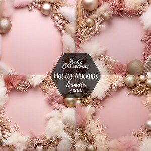 Maquete plana de Natal Boho, fotografia plana, fundo digital, Natal rosa, fundo floral, maquetes convites de casamento 4x