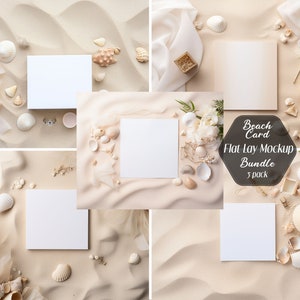 Maquete de cartão de casamento na praia, foto de maquete plana de praia, maquete de design de cartão quadrado, fundo digital, fotografia de convite, pacote de 5 pacotes