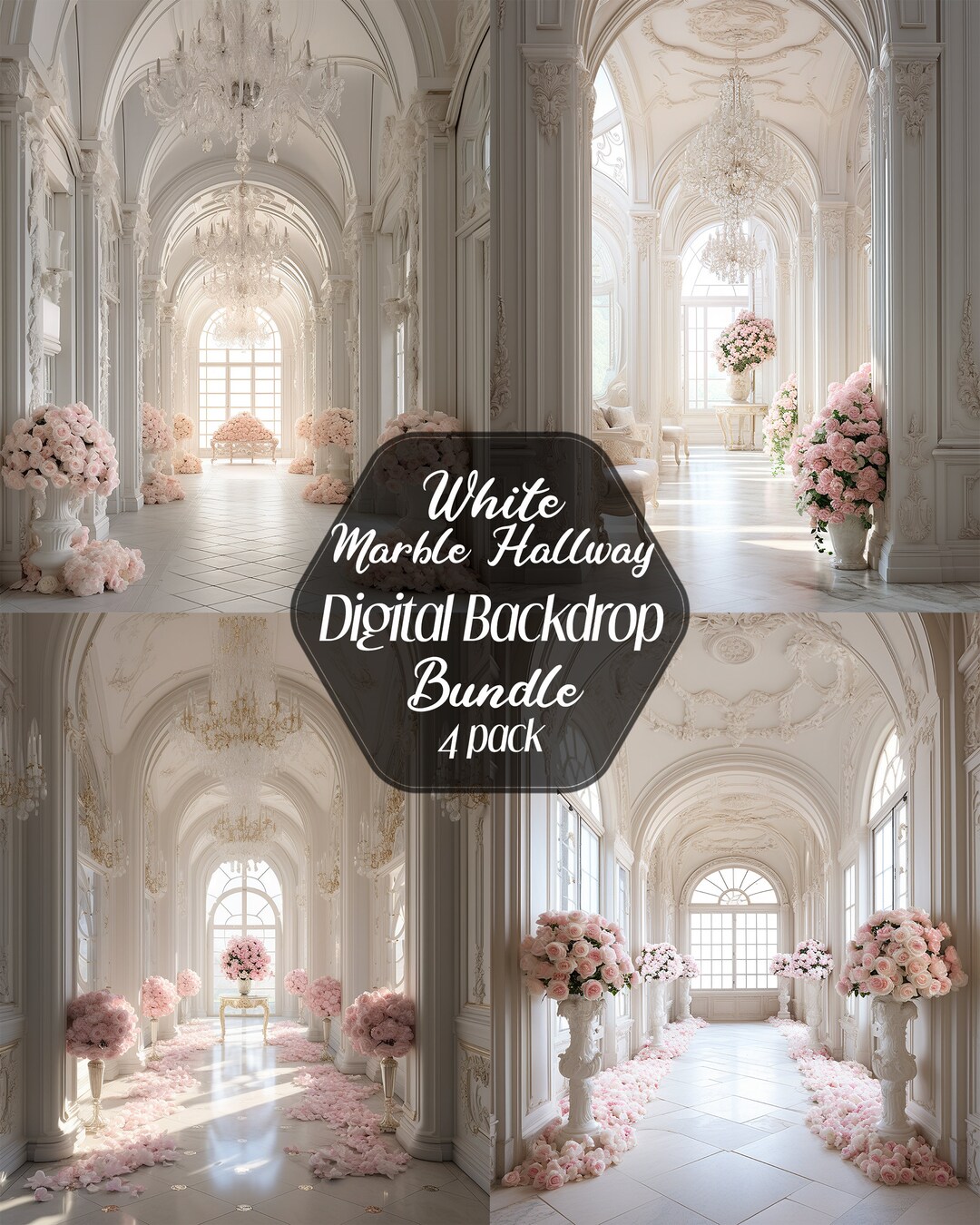 White Marble Hallway Backdrop, Pink Roses, Floral Background, Digital ...