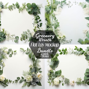 Greenery Flat Lay Mockup Digital Background, Styled Stock Photo, Product Background, Greenery Wreath, Card Invitation Mockup, Add Your Own