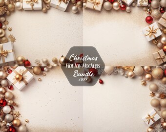 Mockup flatlay natalizio, pacchetto da 4 confezioni, fotografia in stile, sfondo del prodotto, sfondo digitale, fotografia in stile matrimonio, Natale