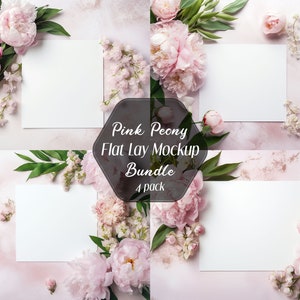 Boho Floral Pink Flat lat Mockup, maquete de cartão, maquete de convite de casamento flat lay, rosa primavera floral, peônia, fundo digital, pano de fundo