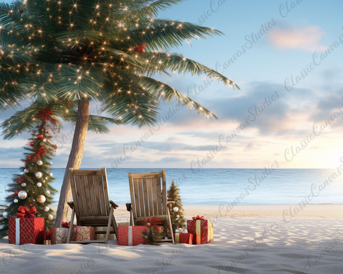 Christmas Beach Digital Backdrops Decorated Palm Trees Christmas