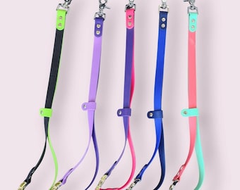 May include: Five colorful dog leashes with silver-tone metal clasps. The leashes are in shades of black and green, purple, pink, blue, and coral. Each leash has a matching accent color at the handle and clasp.