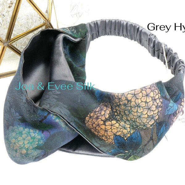 Grey Hydrangea-100% Silk Headband-Luxury Twisted/Knotted Elastic Back Headband/Hairband/Turban Headband, Everyday Wear, Made in USA, Gift,