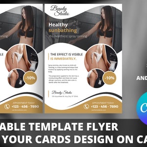 Puede incluir: Un folleto para un estudio de belleza que ofrece servicios de bronceado por pulverización. El folleto presenta a una mujer recibiendo un bronceado por pulverización y el texto "Healthy sunbathing the healthiest spray tanning". El folleto también incluye el texto "The effect is visible is immediately" y "Save time and money".