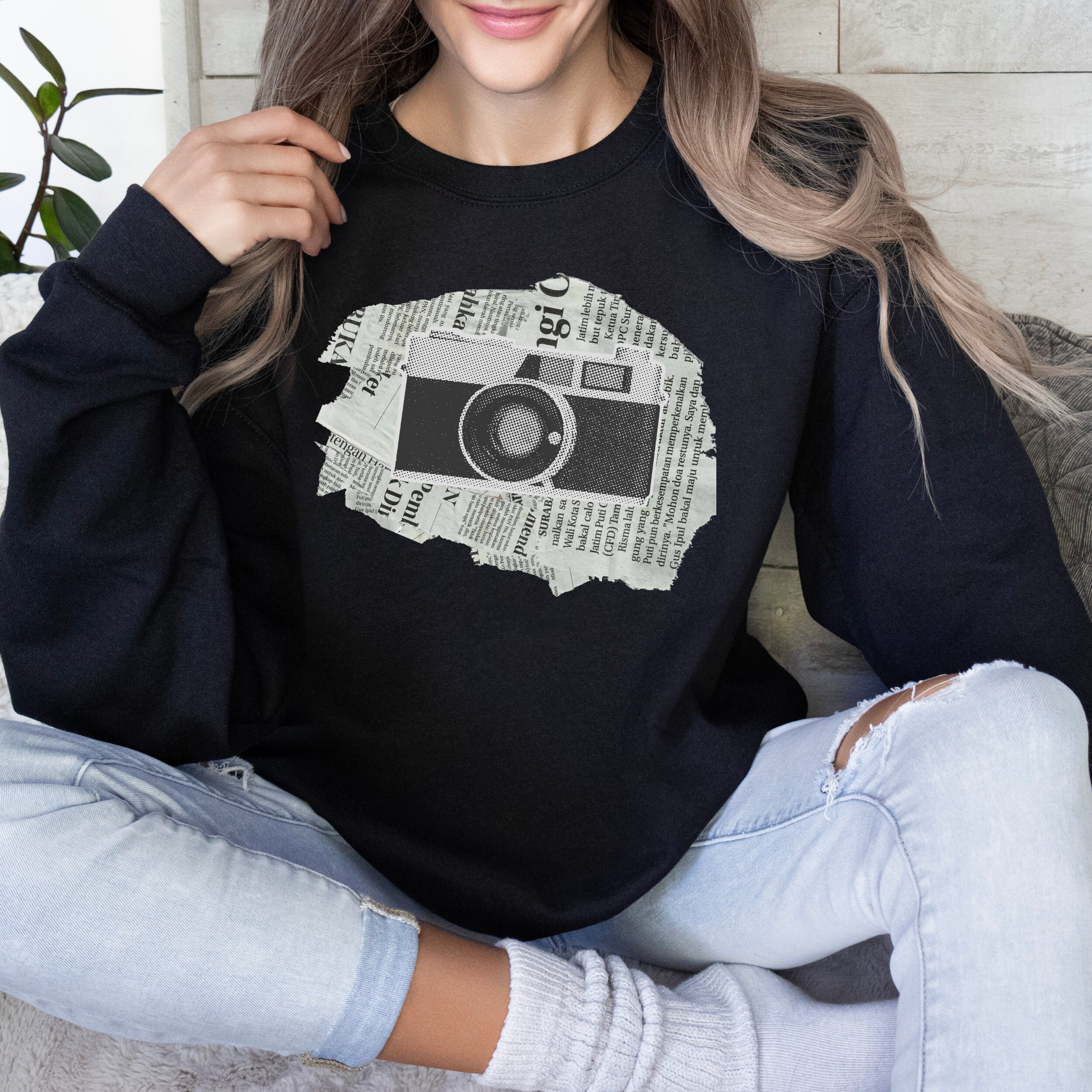 Pattern Print Camera Women Off Shoulder Sweatshirt