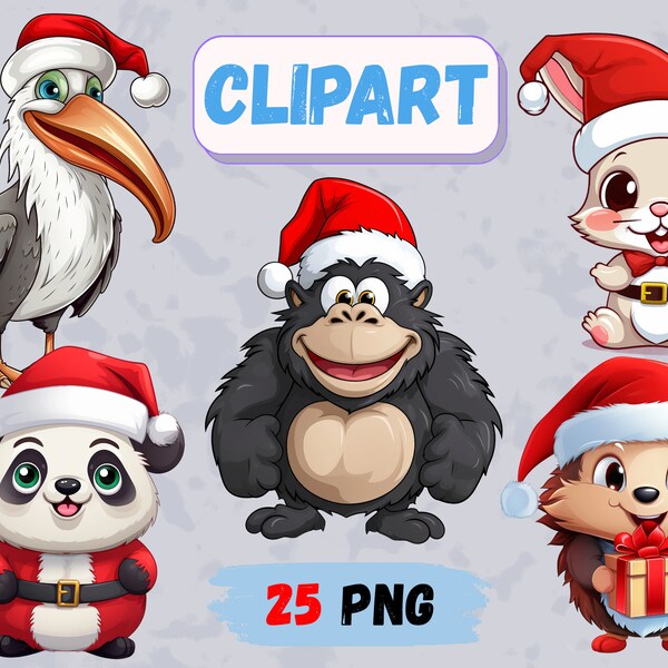 Christmas cartoon animals png in santa claus hat, Christmas gorilla png, cormorant, rabbit, hedgehog, panda png
