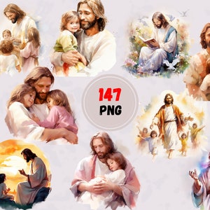 Set von Aquarell Clipart Jesus umgeben von Kindern png, 147 Bilder auf transparentem Hintergrund, schneller digitaler Download, Poster-Design