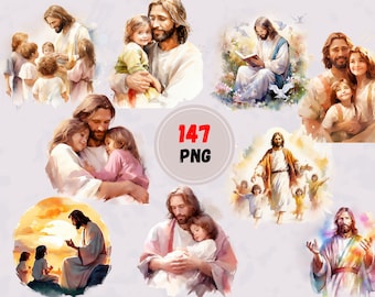 May include: A collection of watercolor paintings depicting Jesus Christ with children. The paintings are in a variety of poses, including Jesus holding a child, Jesus walking with children, and Jesus teaching children. The paintings are all in a soft, watercolor style and have a warm, inviting feel.