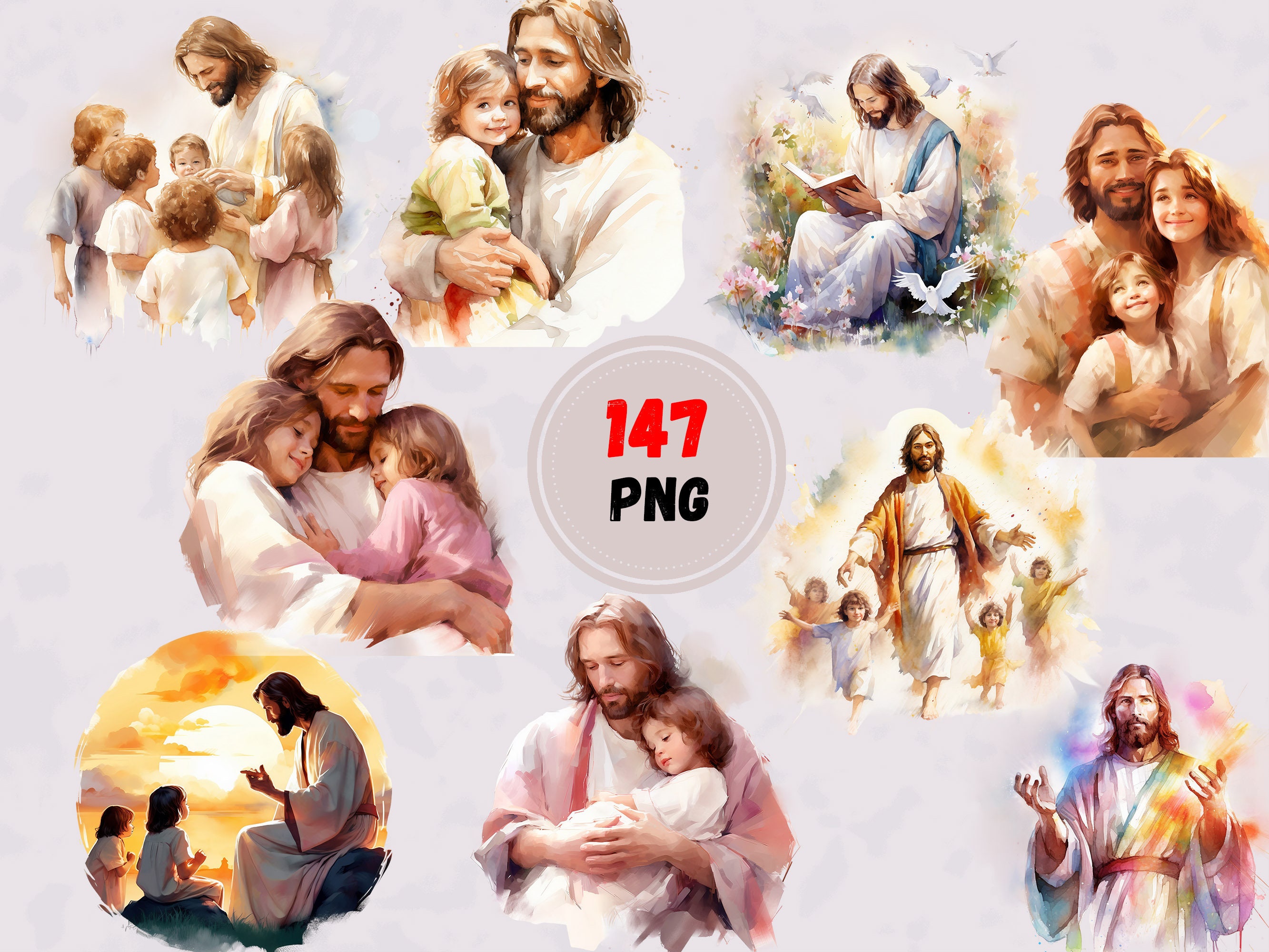 Set of Watercolor Clipart Jesus Surrounded by Children Png, 147 Images ...