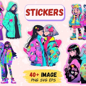 Stickers Japanse pop animemeisjes, 40+ PNG, SVG, EPS, enkele afbeeldingen op transparante achtergrond, vectorbestanden voor digitaal afdrukken.