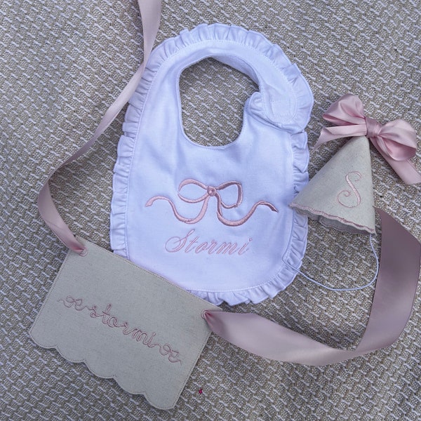 Keepsake Custom Birthday Hat and Banner | Cake Smash Hat and Bib for Baby | Personalized Baby Girl 1st Birthday Embroidered Accessories
