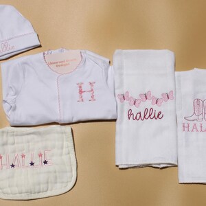Monogrammed Girls Newborn Outfit Set | Hospital Coming Home Baby Embroidered Set | Pink Picot Trimmed | Baby Shower Gift Set | Baby Bib