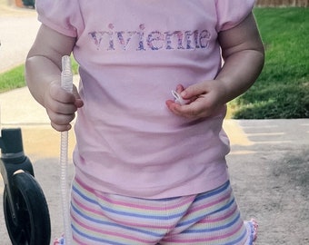 Custom Embroidered Floral Font Shirt | Puff Sleeve Shirt for Girls | Personalized Girls Birthday Gift | Multiple Colors Available