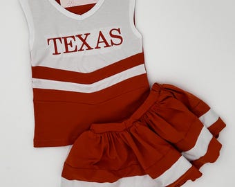 Longhorns Embroidered Cheerleader Outfit | Girls Texas UT Toddler Baby Cheer Outfit | Hook Em College Gameday Boots | University of Texas