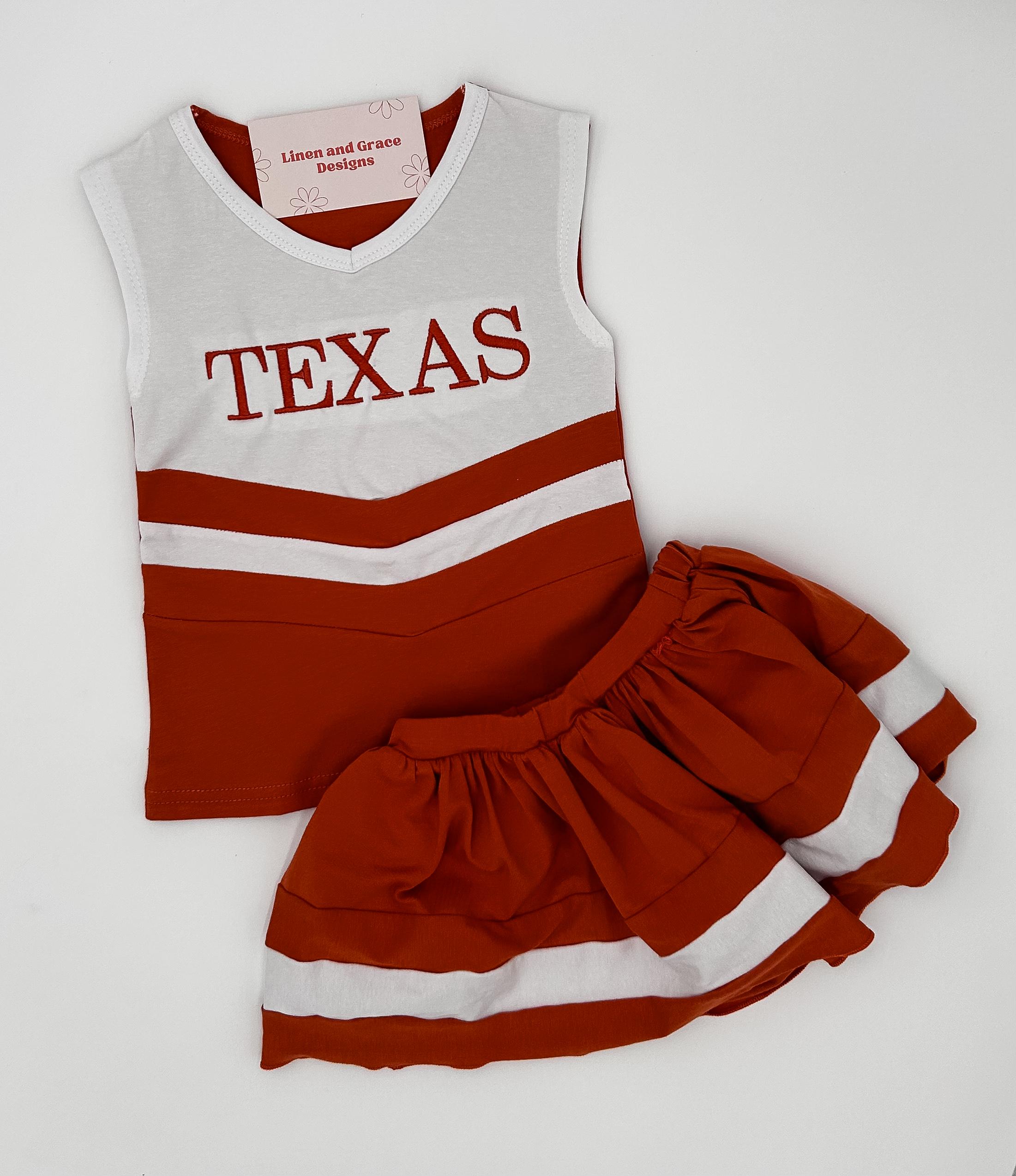 Longhorns Embroidered Cheerleader Outfit | Girls Texas UT Toddler Baby Cheer Outfit | Hook Em College Gameday Boots | University of Texas