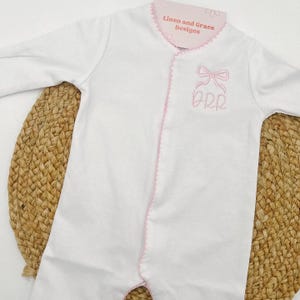 Monogrammed Girls Newborn Outfit | Name with Bow Hospital Coming Home Baby Embroidered Footie | Pink Picot Trimmed | Baby Shower Gift