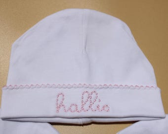 Baby Coming Home Hat | Monogrammed Girls Boys Newborn Hat | Hospital Coming Home | Pink Blue or White Picot Trim | Baby Shower Gift