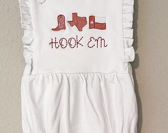 Texas Longhorns Embroidered Sunsuit Bubble | Girls Boys TX Toddler Baby | UT College Gameday | Hook Em Horns | University of Texas Austin