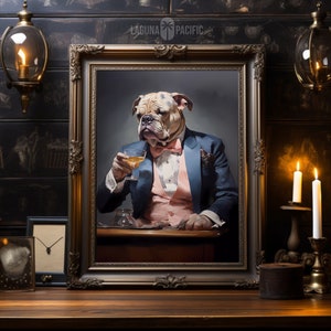 Victorian Dapper Dog with Cocktail Art | Anthropomorphic Art | Dark Academia | Bulldog Art | Digital Download