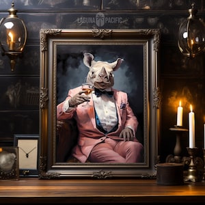 Victorian Gothic Rhino with Cocktail Art | Anthropomorphic Art | Dark Academia | Gothic Decor | Digital Download
