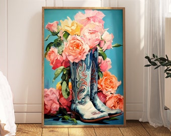 Blue Cowgirl Boots & Flowers Print | Girly Western Wall Art | Trendy Wall Art for Living Room | Perfect Gift for Her