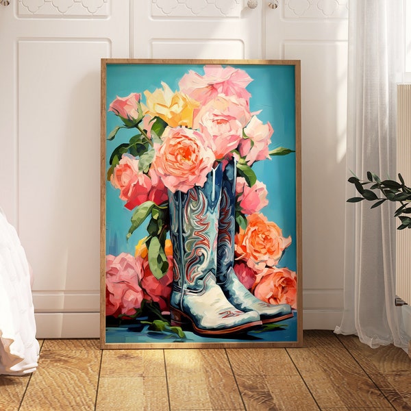 Blue Cowgirl Boots & Flowers Print | Girly Western Wall Art | Trendy Wall Art for Living Room | Perfect Gift for Her