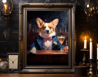 Welsh Corgi with Cocktail Art | Dapper Dog Retro Home Bar Wall Art | Trendy Wall Art for Living Room | Corgi Lover Gift | Digital Download