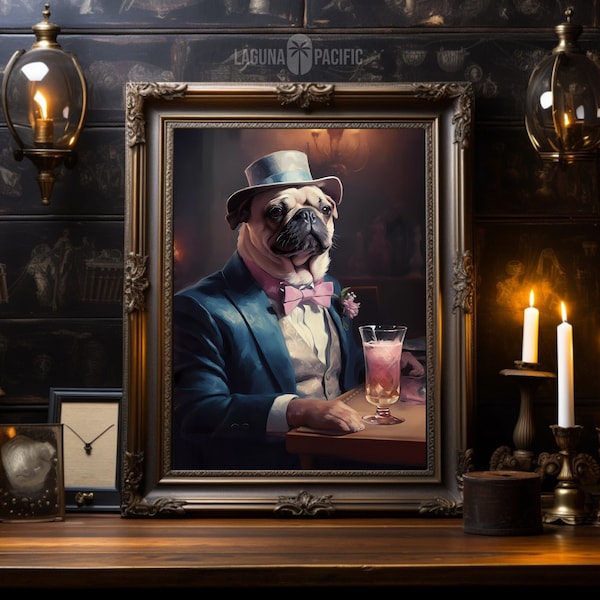 Gothic Pug with Cocktail Art | Anthropomorphic Art | Dark Academia | Dog Art | Digital Download