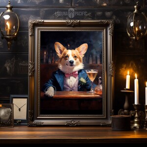 May include: A framed painting of a corgi in a blue suit and pink bow tie, holding a cocktail. The artwork is in a gold frame, set on a wooden surface, with candles and lamps in the background, creating a vintage atmosphere.