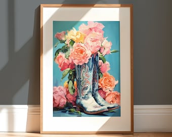 Blue Cowgirl Boots & Flowers Print | Girly Western Wall Art | Trendy Wall Art for Living Room | Perfect Gift for Her | Digital Download