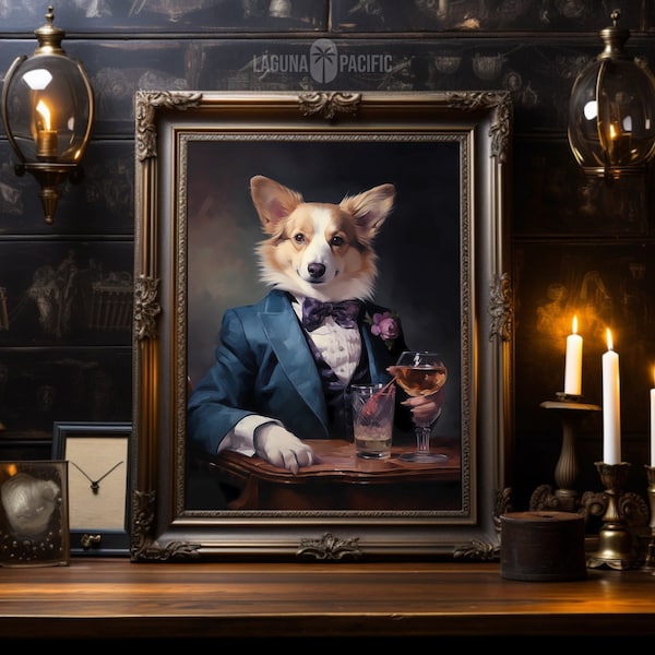 Dapper Dog with Cocktail Art | Pembroke Welsh Corgi Art | Trendy Wall Art for Living Room | Corgi Lover Gift | Digital Download