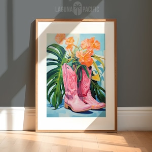 Botas de vaquera rosa y estampado de flores / Arte de pared occidental femenino / Arte de pared de moda para sala de estar / Regalo perfecto para ella / Descarga digital