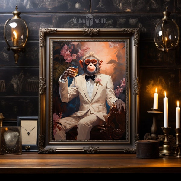 Chic Monkey Cocktail Art Print | Retro Home Bar Wall Decor | Perfect Gift for Mixologists | Available as Print or Canvas